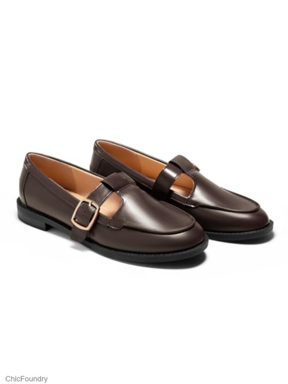 Faux Leather T-Strap Slip On Loafers Closed Round Toe Flat Heel Work Dress Shoes